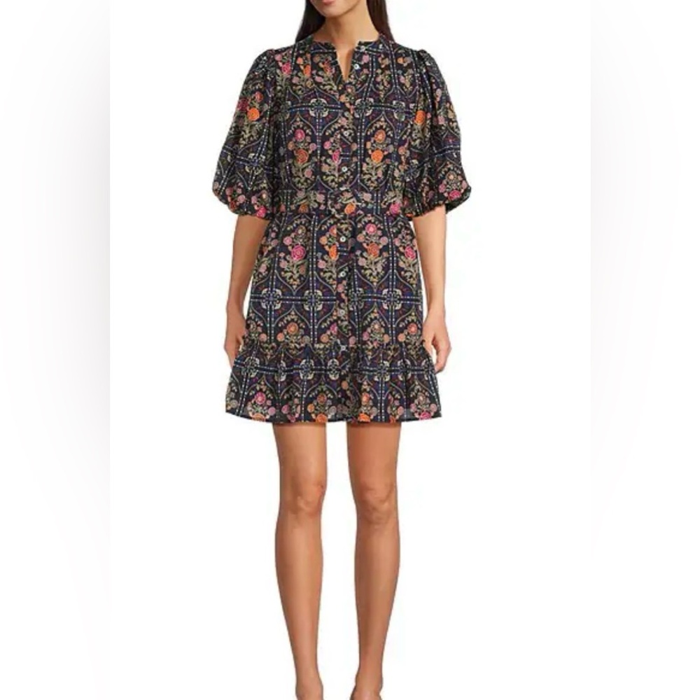 J. Marie Torian Printed 3/4 Sleeve V-Neck Button Front Belted Mini Dress